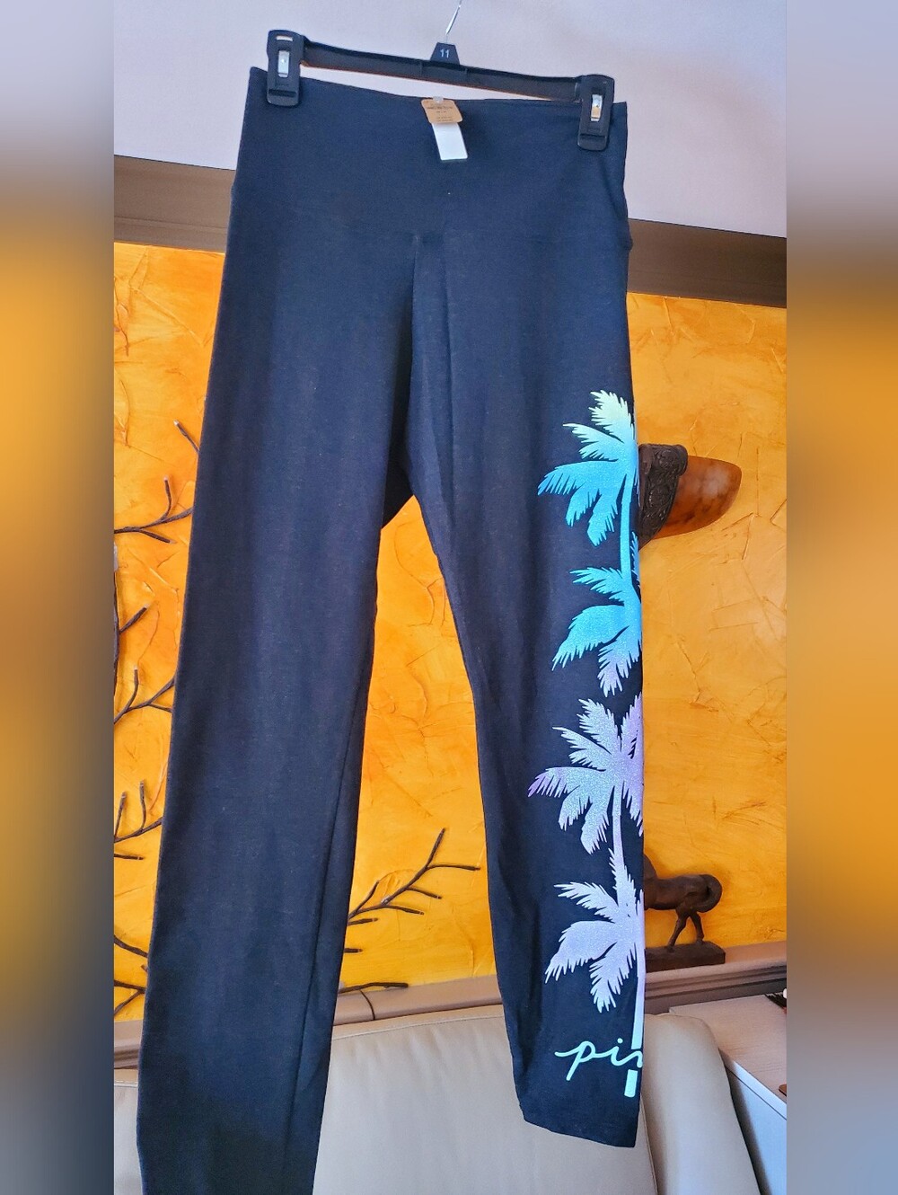 PINK Victoria's Secret Black Leggings with Blue & Purple Palm Print